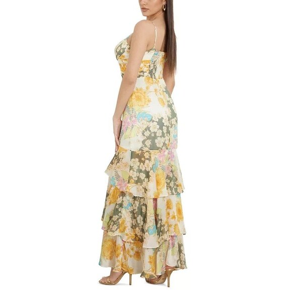 GUESS Women's Sleeveless High-Low Vicky Maxi Dress Floral Print Butter Yellow S - Picture 3 of 16